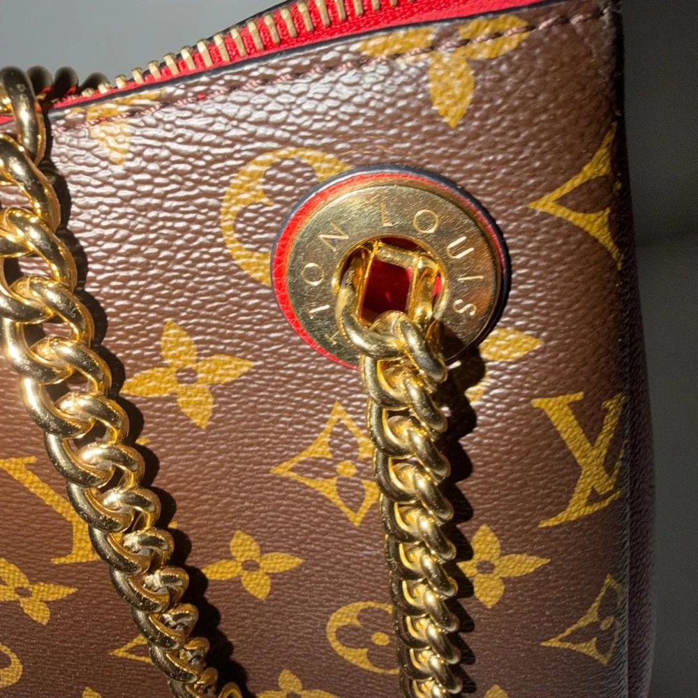 RARE Louis Vuitton Red and Brown Monogram Chain Shoulder Bag Leather Trim - Picture 9 of 16